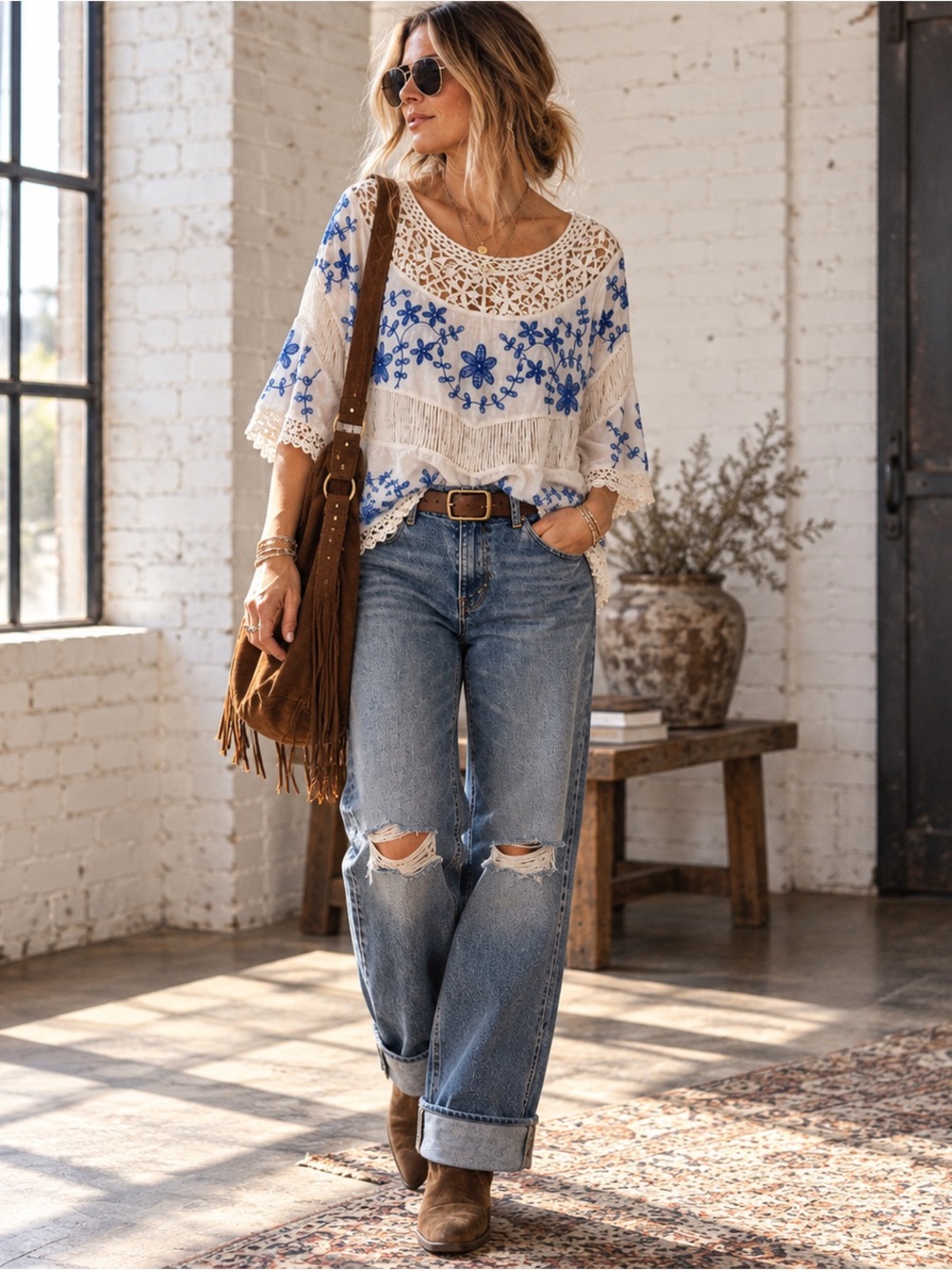 boho peasant embroidered crochet lace cotton blouse medium festival by oliver